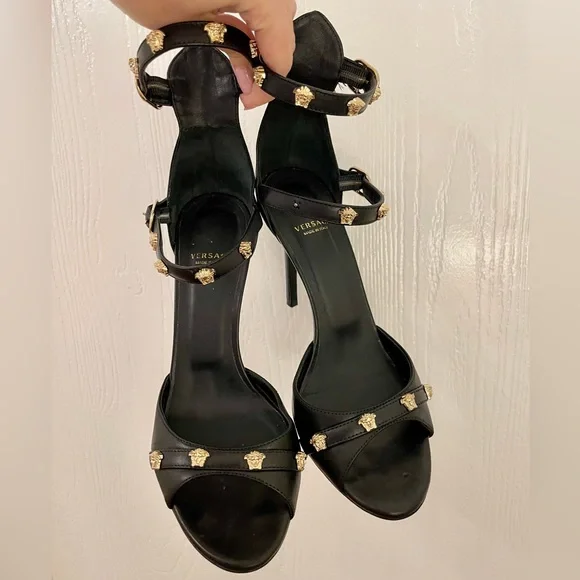 VERSACE Stiletto Medusa Black Gold Sandal Heels Ankle Strap